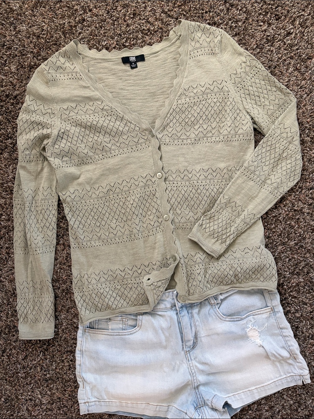 Frye Fine Gauge Pointelle V-neck Button Down Sage Green Cardigan, Size Medium